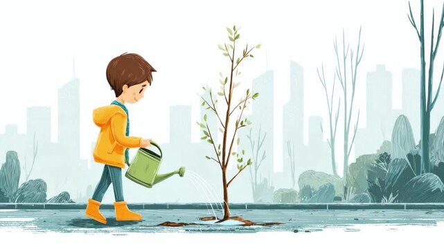 A boy with a watering can watering a young tree in city garden, cartoon vector style. A child cares for nature, an environmental animated illustration, caring for the future