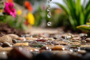Water Droplets Falling onto Colorful Garden Stones, Creating Ripples in a Serene, Natural Environment