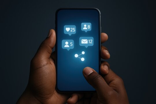 Mobile Phone Displaying Social Media Notifications and Connections Held in African American Hands Against Dark Background