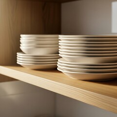 Stacks of clean ceramic plates and bowls on a wooden kitchen shelf.