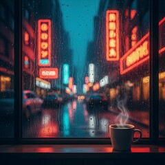 Steaming coffee cup on a windowsill overlooking a rainy neon city street at night.