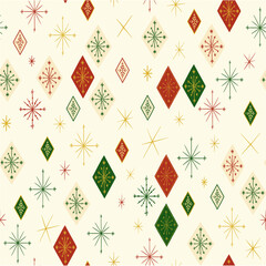Mid Century Christmas Seamless Pattern with Geometric Diamonds and Starbursts in Red Green and Gold on Cream Background Retro Holiday Textile Design