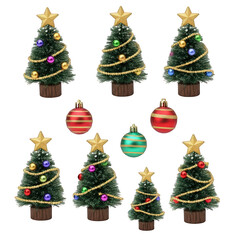 Miniature christmas trees and ornaments on black on transparent background