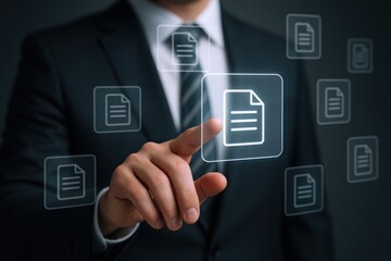Digital Document Management Interface: Businessman Interacting with Virtual File Icons for Efficient Workflow and Data Control