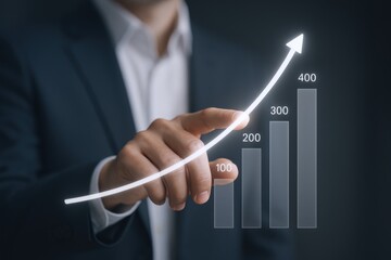 Business Growth Visualization: Businessman Interacting with Rising Bar Graph and Arrow, Representing Financial Success