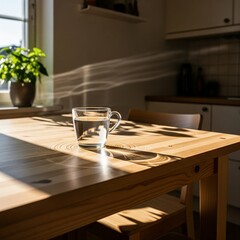 Steaming glass mug of hot water on a wooden table in morning sunlight.