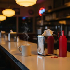 Steaming Hot Coffee on a Classic American Diner Counter.