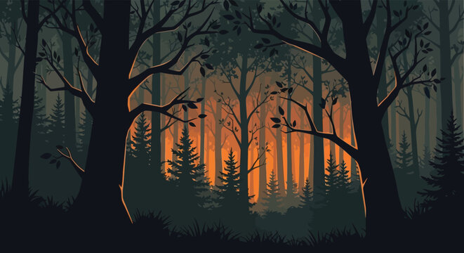 Mysterious dark forest with glowing orange light filtering through the trees at dusk