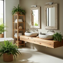 Stylish rustic bathroom interior with a double wooden vanity and stone vessel sinks.