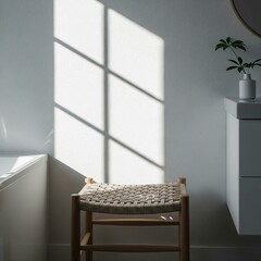 Sunlight casting a window shadow on a wall in a minimalist room with a woven stool.