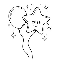 Hand-drawn 2026 star and round balloons with sparkles in black and white line art, festive and playful design