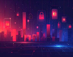 Futuristic Digital Cityscape with Glowing Padlock Icons Representing Cybersecurity.