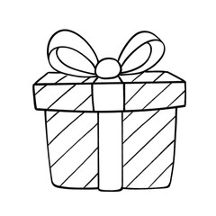 Hand-drawn striped gift box with ribbon and bow in black and white line art style