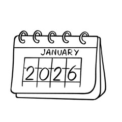 Hand-drawn desk calendar showing January 2026 in black and white line art style