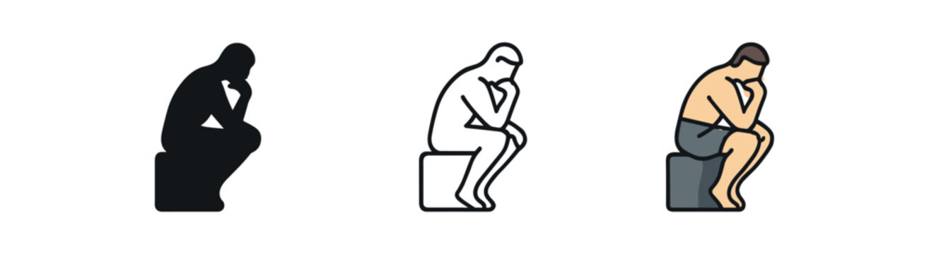 philosopher thinking pose icon on white background Black silhouette flat icon outline icon and colored icon style three minimal vector icon style