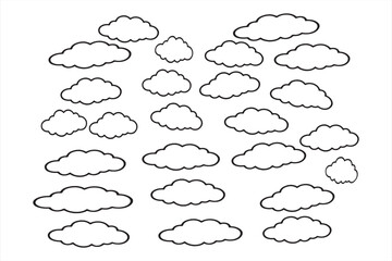 The image is a black and white line drawing of a scattered collection of cartoon-like clouds. They vary in size and shape, from small puffy clouds to larger, more spread-out formations. The clouds are
