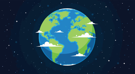 Stylized earth globe with continents and clouds floating in a starry night sky