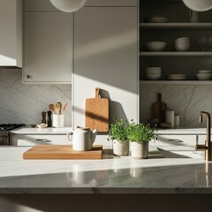 Sunlight streams across a modern kitchen with marble countertops and fresh herbs.