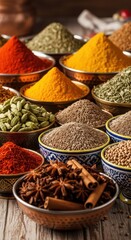 Fototapeta premium Exotic spices in colorful bowls create an aromatic and flavorful display showcasing cooking