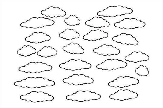 The image is a black and white line drawing of a scattered collection of cartoon-like clouds. They vary in size and shape, from small puffy clouds to larger, more spread-out formations. The clouds are