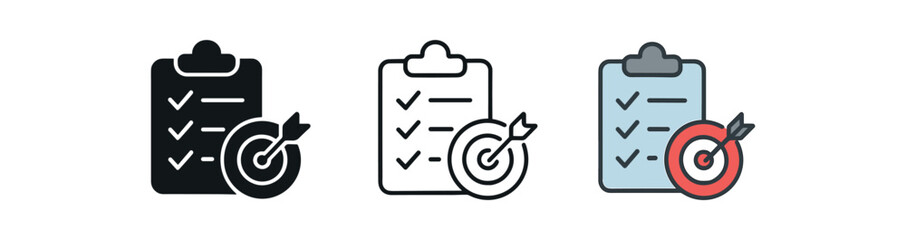 goal setting checklist icon on white background Black silhouette flat icon outline icon and colored icon style three minimal vector icon style