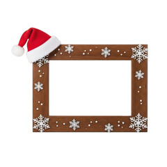 Santa hat rests on a snowflake decorated wood frame on transparent background