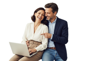 happy couple using laptop