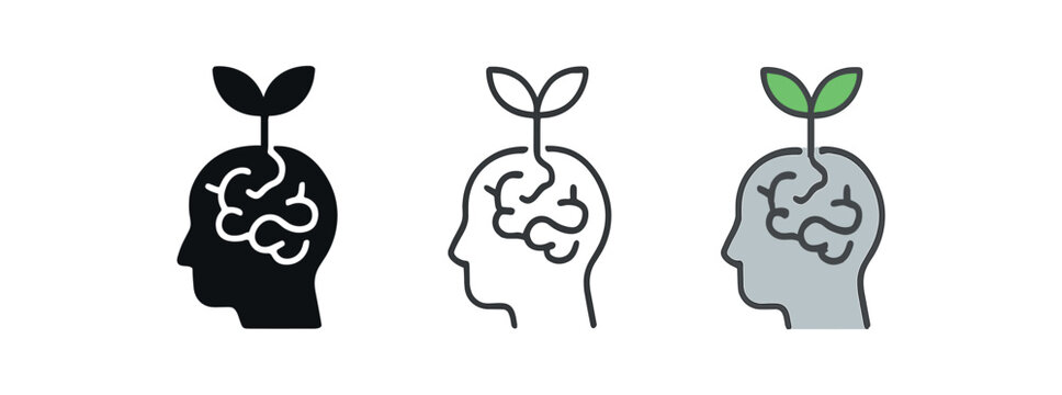 growth mindset brain leaves icon on white background Black silhouette flat icon outline icon and colored icon style three minimal vector icon