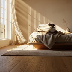 Sunlit bedroom interior with warm morning light and shadows from the window.
