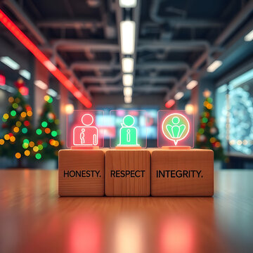 Antique Style Blocks with Integrity and Honesty in a Traditional Christmas Scene, Core Business Ethics in a Festive, Warm Holiday Setting, integrit, honest, ethics, values, core values, business, 