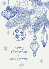 Toile art Christmas illustration with toys, fir branches, snowflakes. Vintage Vector background for design greeting card, holiday decor, invitation, poster. Blue beige Hand drawn engraved elements