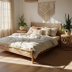 Sunlit bohemian bedroom interior with a natural bamboo bed frame and macrame wall decor.