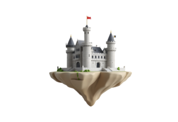 Fantasy white castle perched on a floating island isolated on transparent background