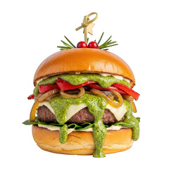 Gourmet burger with pesto and festive decorations on transparent background