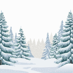 Fototapeta premium Winter forest scene with snow covered evergreen trees and snowfall