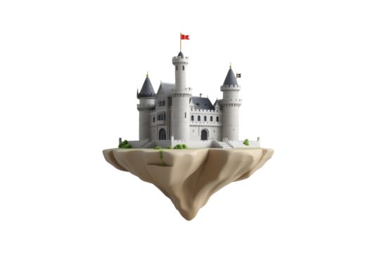 Fantasy white castle perched on a floating island isolated on transparent background