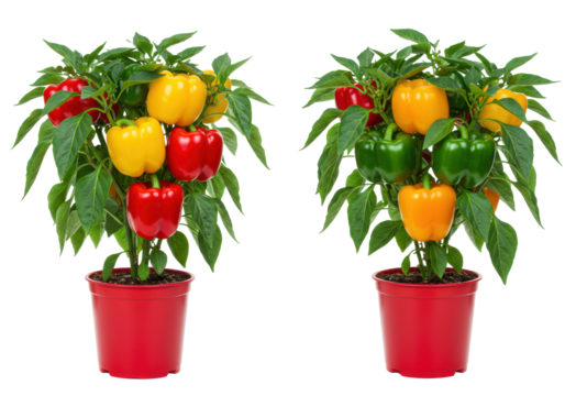 Two dwarf bell pepper plants laden with vibrant red, yellow, orange, green bell peppers in bright red pots against a transparent background, copy space, concept of natural abundance.