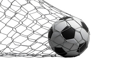 Soccer ball in net realistic rendering perfect for sports graphics on transparent background