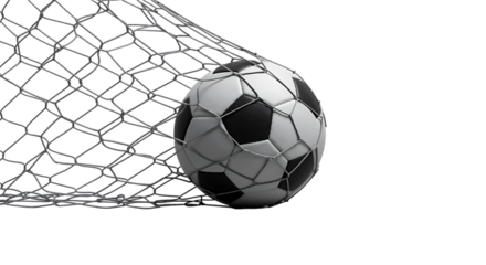 Soccer ball in net realistic rendering perfect for sports graphics on transparent background