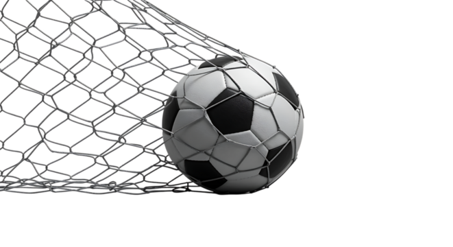 Soccer ball in net realistic rendering perfect for sports graphics on transparent background - Powered by Adobe