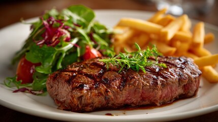 Juicy Grilled Steak Served with Crispy French Fries and Fresh Garden Salad in an Elegant Restaurant Setting
