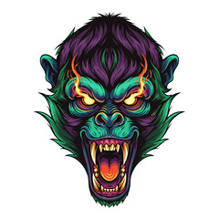 A vibrant illustration of a ferocious ape's face, displaying sharp teeth and fiery eyes.