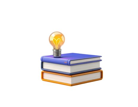 Illuminated light bulb resting on stack of books isolated on transparent background