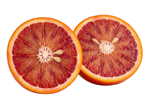 Two vibrant blood orange halves, deep crimson pulp, glistening, seeds, textured rind, fresh, juicy, isolated on transparent background with copy space Concept of natural freshness