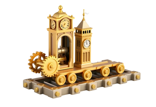 Intricate steampunk big ben clock tower model with gears isolated on transparent background