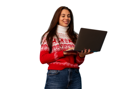 Woman in christmas sweater using laptop, enjoying festive holiday online shopping, transparent background