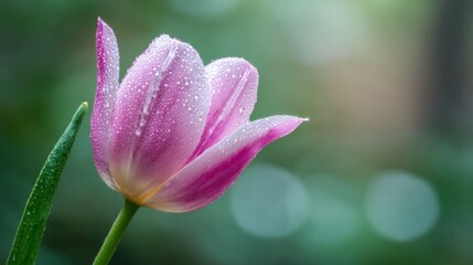 Fototapeta premium Stunning close-up of a pink tulip flower adorned with raindrops, showcasing delicate petals and vibrant colors in a soft-focus natural background.