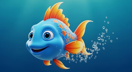 Fototapeta premium Cartoon blue fish swims happily underwater leaving a trail of bubbles in its wake