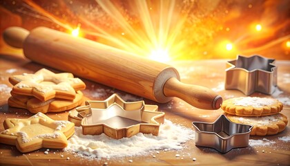 Close-up of baked cookies in star shapes, with a wooden rolling pin and cookie cutters on a flour-dusted surface