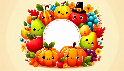 Autumn fruits and pumpkins arranged around frame, blank center for thanksgiving quote